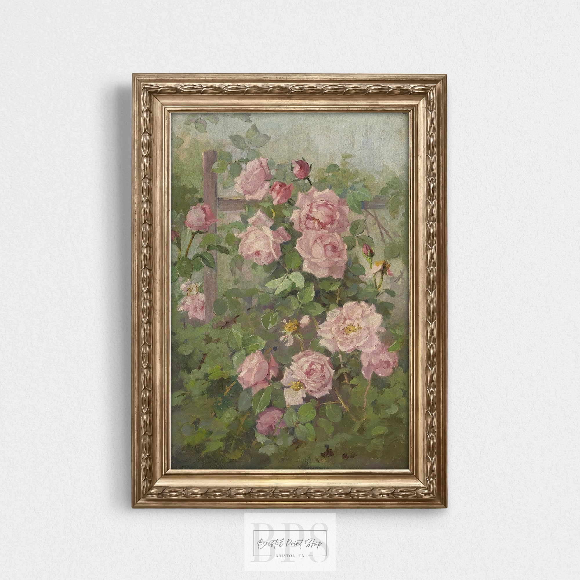 Vintage Pink Roses on Trellis | Green Pastel Print | Antique Wall