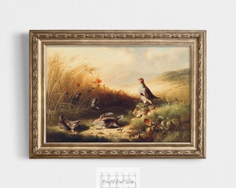 Vintage Bird Print | Partridge with Fledglings  | Antique Wall Art | 19th Century Bird Painting | Rustic Cabin Decor | Digital Download