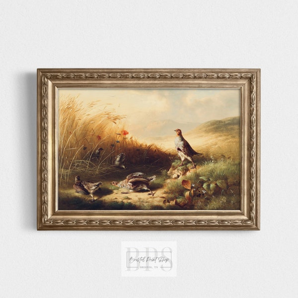 Vintage Bird Print | Partridge with Fledglings  | Antique Wall Art | 19th Century Bird Painting | Rustic Cabin Decor | Digital Download