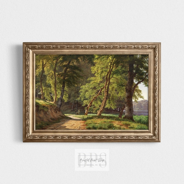 Vintage 1870 Father & Son Fishing  | Colorful Woods Print | Antique Wall Art | 19th Century Painting | Digital Instant Download