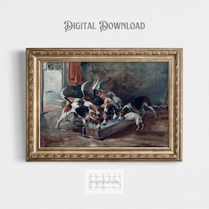 May include: A vintage painting of a group of hounds drinking from a trough. The painting is framed in a gold frame and has a rustic, antique feel.