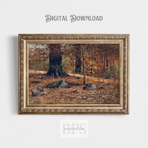 May include: A digital download of a painting depicting a forest scene with trees and fallen leaves in shades of brown, yellow, and green. The painting is framed in a gold-colored frame.