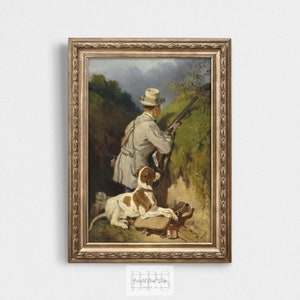 Vintage Hunting Dog Art | Hunter And Dog Print | Dog Painting | Antique Woodland Wall Art | Rustic Cabin Decor | Digital Download