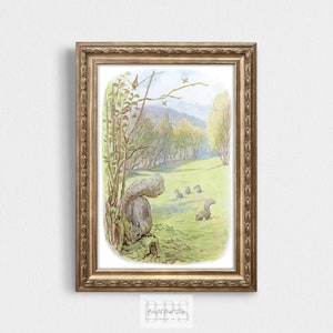 May include: A vintage illustration of a group of gray squirrels in a forest clearing. The squirrels are running and playing in the grass. The illustration is in a gold frame.