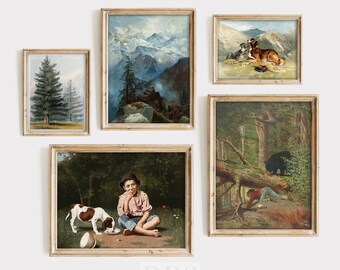 Vintage Nursery Art Gallery Wall | Woodland Home Decor Set | Boy's Room Prints | Boy And Dog | Mountain Art | Pine Tree Art | Rustic Art