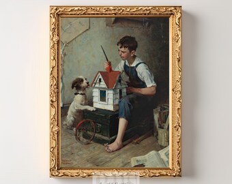 Vintage Norman Rockwell Art Print 1921 | Boy Painting Birdhouse