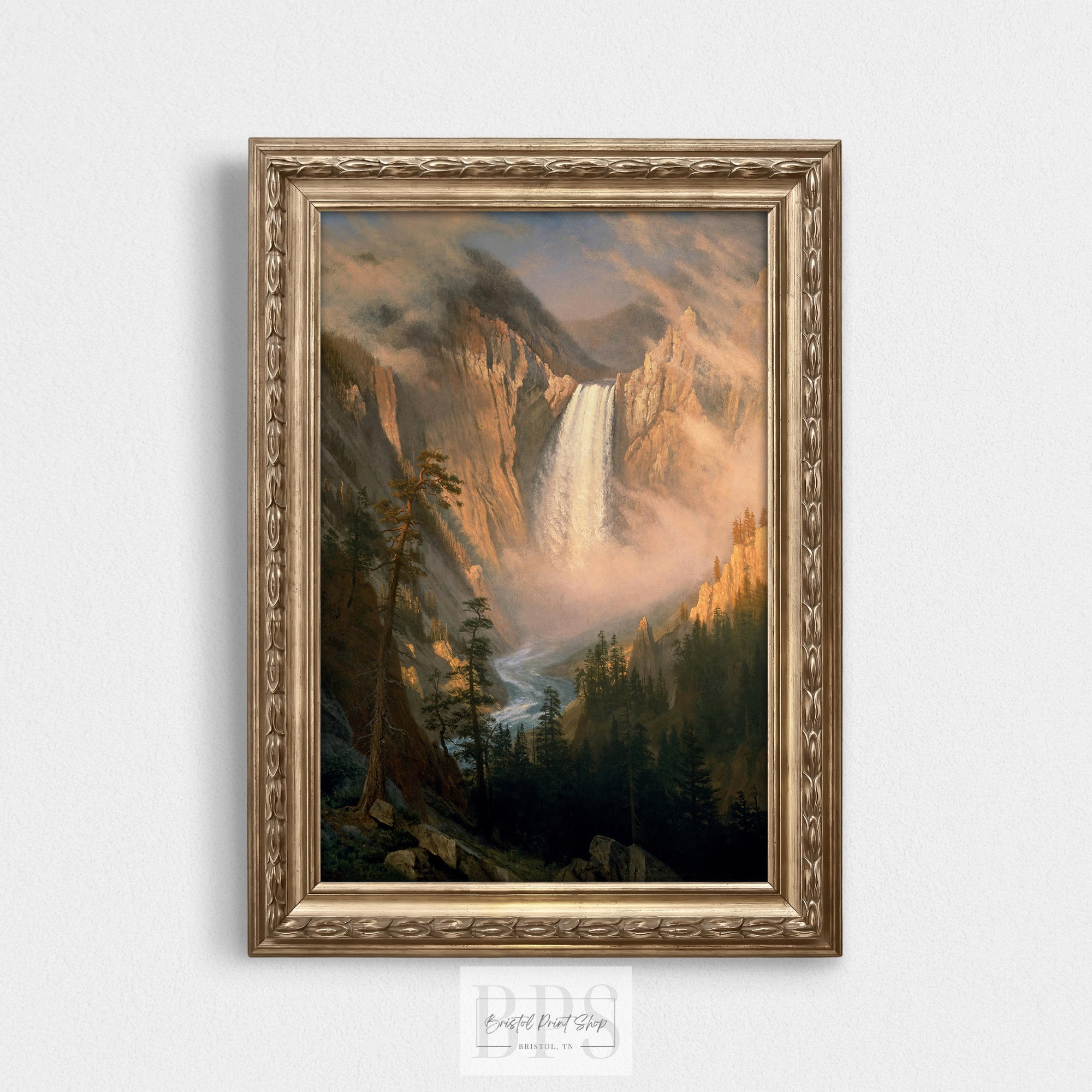 Vintage Mountain Waterfall Art | Yellowstone Waterfall Scene