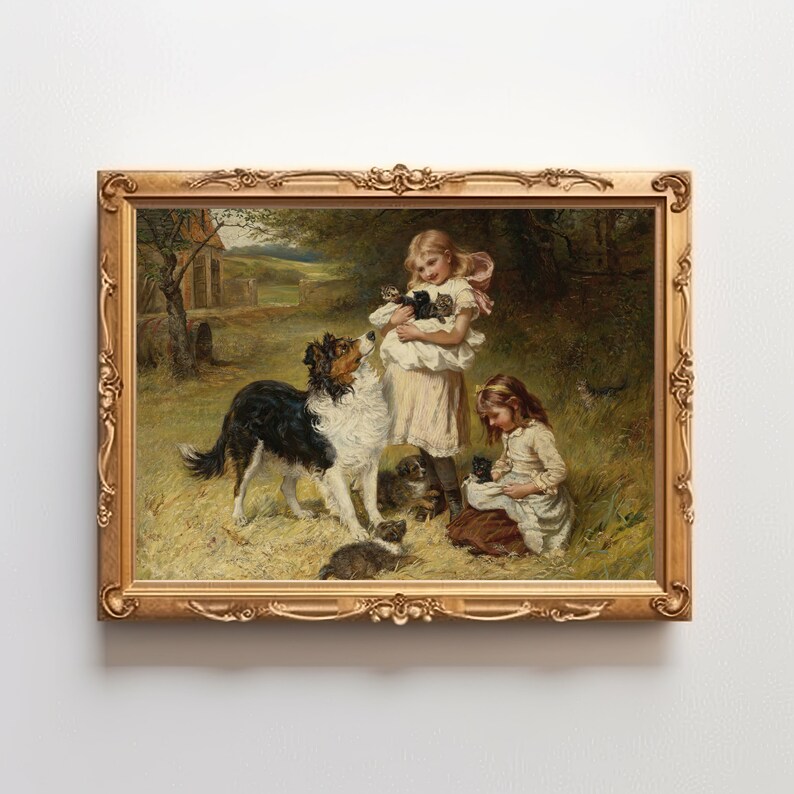 Vintage Girl and Dog Art | Sweet Moment with Kittens | Charming Childhood Scene Print | Perfect Gift for Pet Lovers | Digital Download image 5