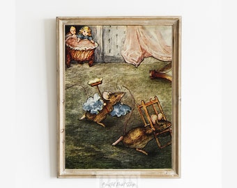 May include: A vintage illustration of two mice in a room. One mouse is wearing a blue dress and holding a broom, while the other mouse is pushing a chair. The illustration is framed in a light wood frame.