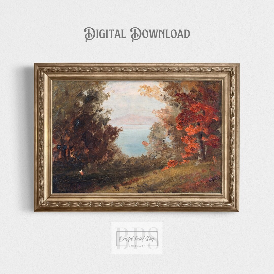 Vintage Autumn Print | Fall Lake Landscape | Orange Fall Foliage ...