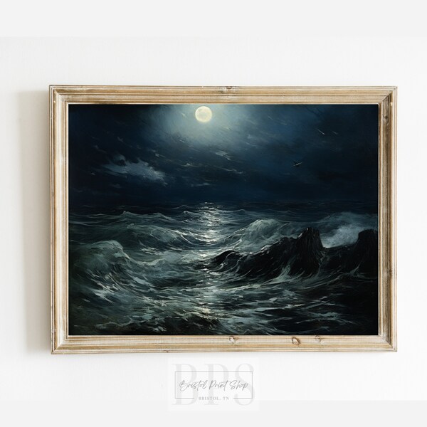 Moonlight Ocean Seascape | Ocean Waves Print | Vintage Style Nautical Art | Beach house Wall Decor | Night Sea Print | Rolling Midnight Sea