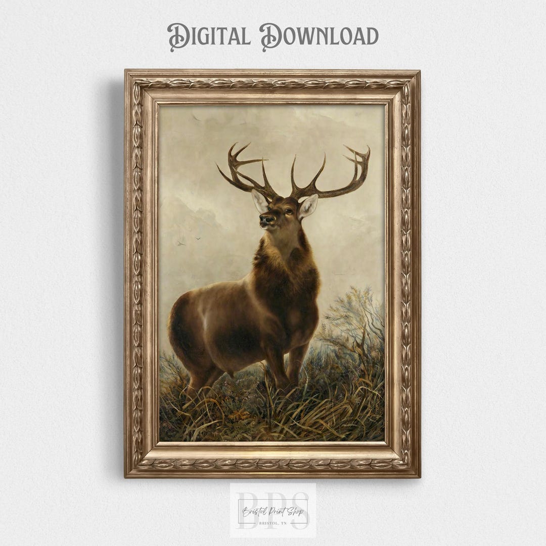 Vintage Deer Print Art | Downloadable Stag Wildlife Painting | Mountain ...