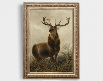 May include: A vintage painting of a large, brown stag with antlers standing in a field of tall grass. The stag is looking to the left of the image, and the background is a hazy, light blue.