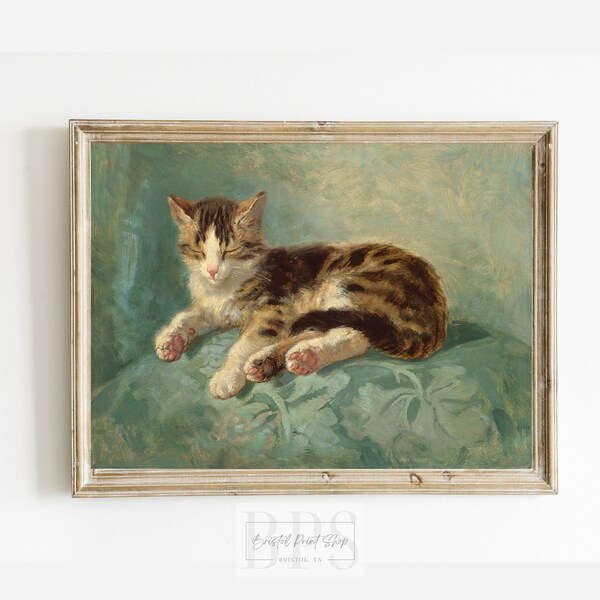 Vintage 1800s Cat Asleep On Pillow | Colorful Kitten Print | Antique Wall Art | 19th Century Painting | Cat Nap