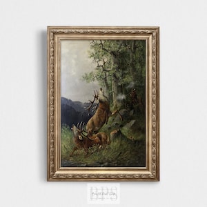 Vintage Deer Hunting Art | Rustic Hunting Print | Antique Wall Art | 19th Century Stag Painting | Man Cave Printable | Woodland Forest Art