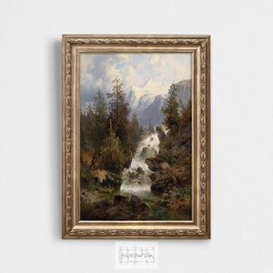 Vintage Rustic Hunting Art | Hunter Print | Antique Wall Art | 19th Century Waterfall Painting | Woodland Forest Printable