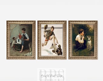 Conjunto de arte de pared de galería de guardería vintage de 3, Impresiones coloridas para habitación de niño, Pintura al óleo antigua, Días de la infancia con perros, Cachorros