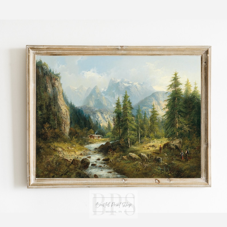 Vintage Mountain Cabin Print | Antique Wall Art | 19th Century Painting | Vintage Home Decor | Scenic Mountain Print | Rustic Cabin Art