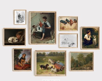 Vintage Nursery Gallery Wall Art Set de 9 / Habitación del niño Impresiones de perros coloridos / Pintura al óleo antigua / Dibujo de cachorro / Descarga digital