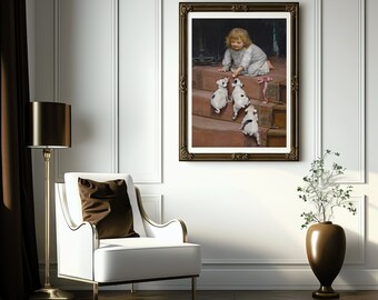Vintage Girl and Dog Painting | Digital Download Art | Girl