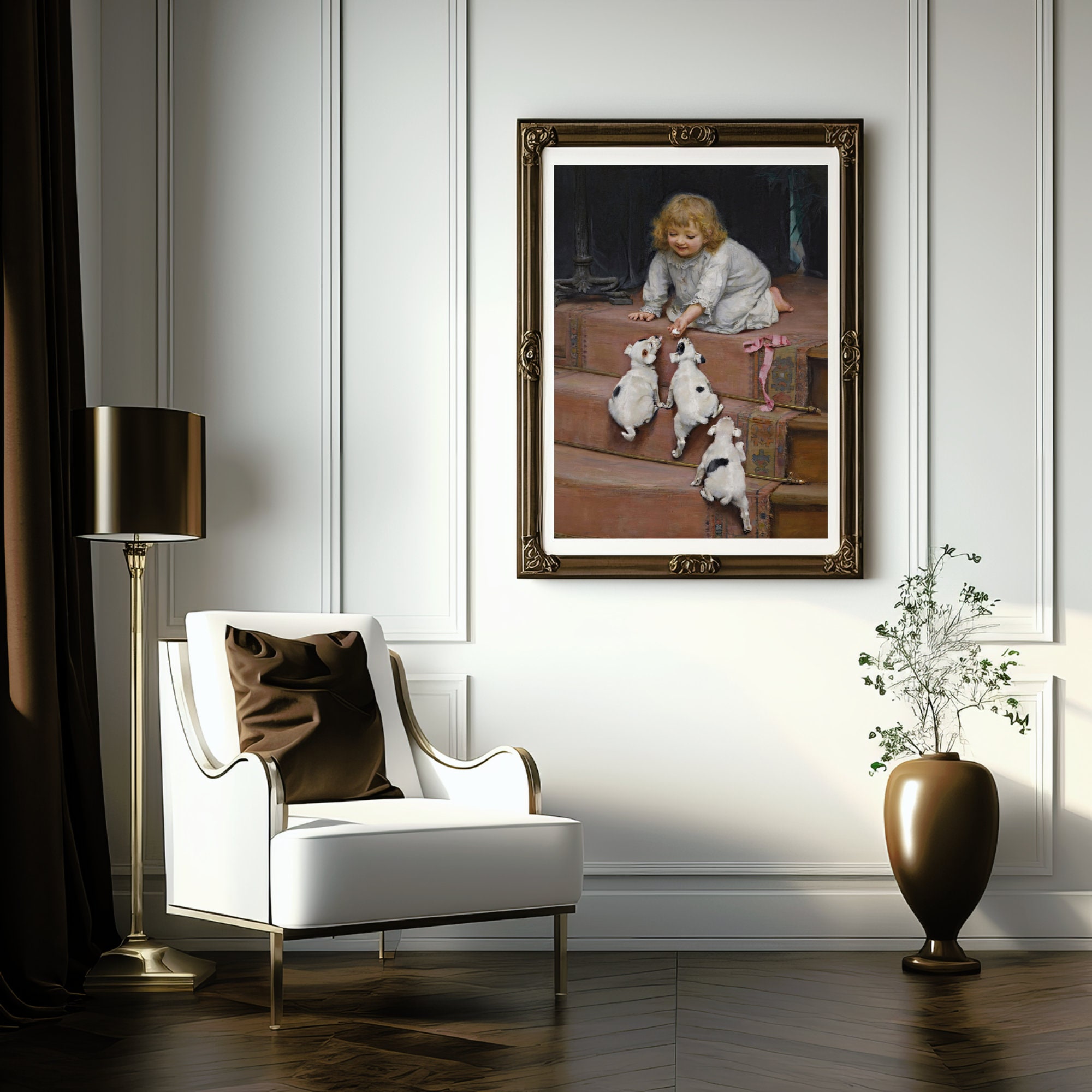 Vintage Girl and Dog Painting | Digital Download Art | Girl Playing ...