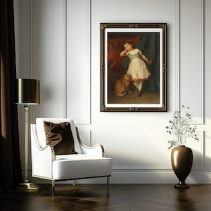 May include: A framed painting of a young girl in a white dress with a red sash, standing with a cat in a room with white walls and a brown floor.