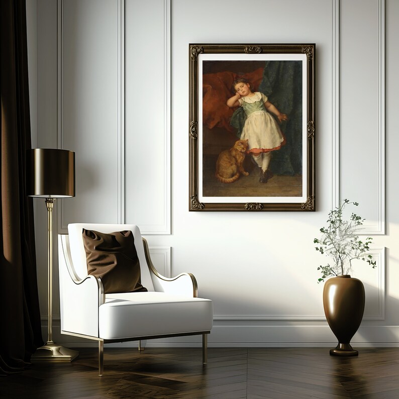May include: A framed painting of a young girl in a white dress with a red sash, standing with a cat in a room with white walls and a brown floor.