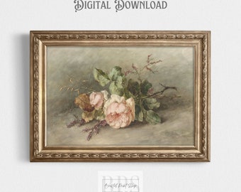 May include: A vintage-style painting of a bouquet of pink roses with green leaves and stems, set against a light gray background. The painting is framed in a gold ornate frame.