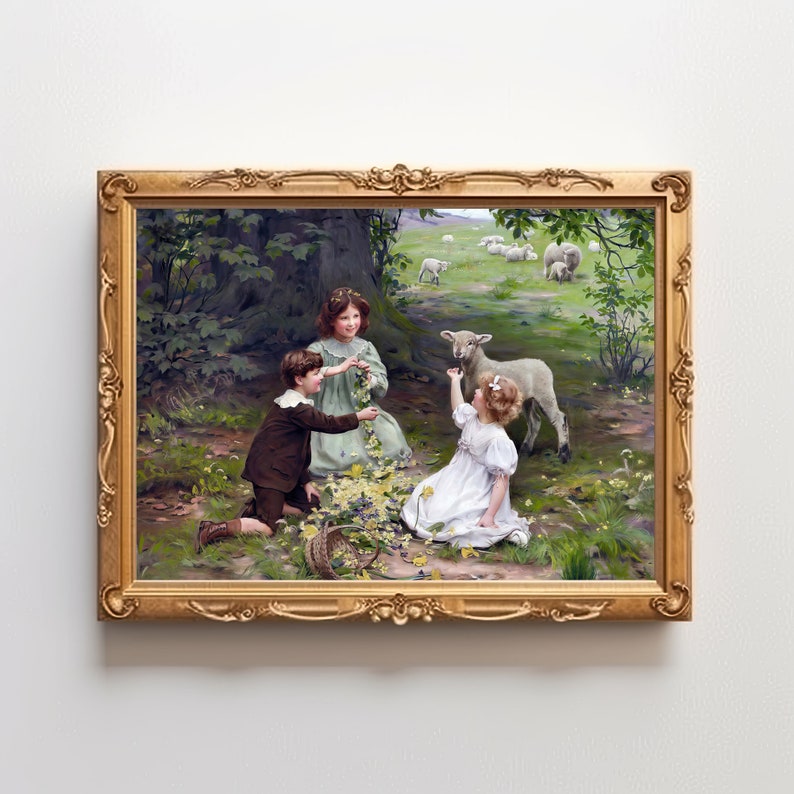 May include: A framed painting depicting three children interacting with a lamb in a woodland setting. The children are dressed in period clothing and are surrounded by greenery and wildflowers. The lamb is white and has a gentle expression.