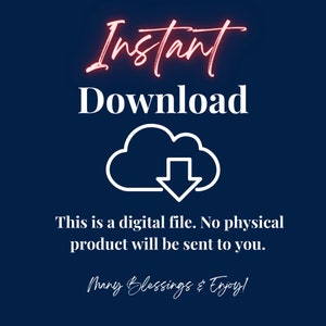 Puede incluir: Un fondo azul con texto blanco que dice "Descarga instant&aacute;nea". Debajo del texto hay un icono de nube blanca con una flecha hacia abajo. Debajo del icono est&aacute; el texto "Este es un archivo digital. No se enviar&aacute; ning&uacute;n producto f&iacute;sico". El texto "&iexcl;Muchas bendiciones y disfruta!" est&aacute; en la parte inferior de la imagen.