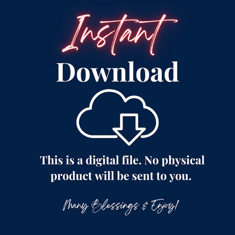 Puede incluir: Un fondo azul con texto blanco que dice "Descarga instant&aacute;nea". Debajo del texto hay un icono de nube blanca con una flecha hacia abajo. Debajo del icono est&aacute; el texto "Este es un archivo digital. No se enviar&aacute; ning&uacute;n producto f&iacute;sico". El texto "&iexcl;Muchas bendiciones y disfruta!" est&aacute; en la parte inferior de la imagen.