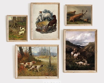 May include: A set of five framed vintage hunting prints featuring dogs, deer, and hunters in various woodland settings. The prints are in a rustic style with a warm color palette.