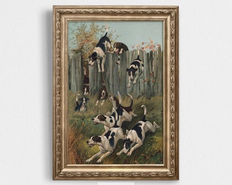 impression vintage de chien de chasse | Peinture Chiens à la poursuite | Cadeau d'art numérique pour les amateurs de chasse | Décoration murale rustique