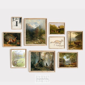 Vintage Nursery Prints | Gallery Wall Art Set of 9 | Boy's Room Wilderness Art | Rabbit Antique Oil Painting | Bear Drawing | Fox drawing