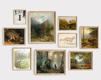 Vintage Nursery Prints | Gallery Wall Art Set of 9 | Boy&#39;s Room Wilderness Art | Rabbit Antique Oil Painting | Bear Drawing | Fox drawing
