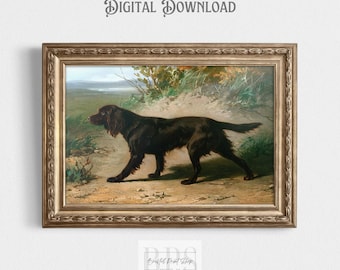 May include: A digital download of a vintage painting of a brown and black dog standing in a field. The dog is a Gordon Setter, a breed of hunting dog. The painting is framed in a gold frame.