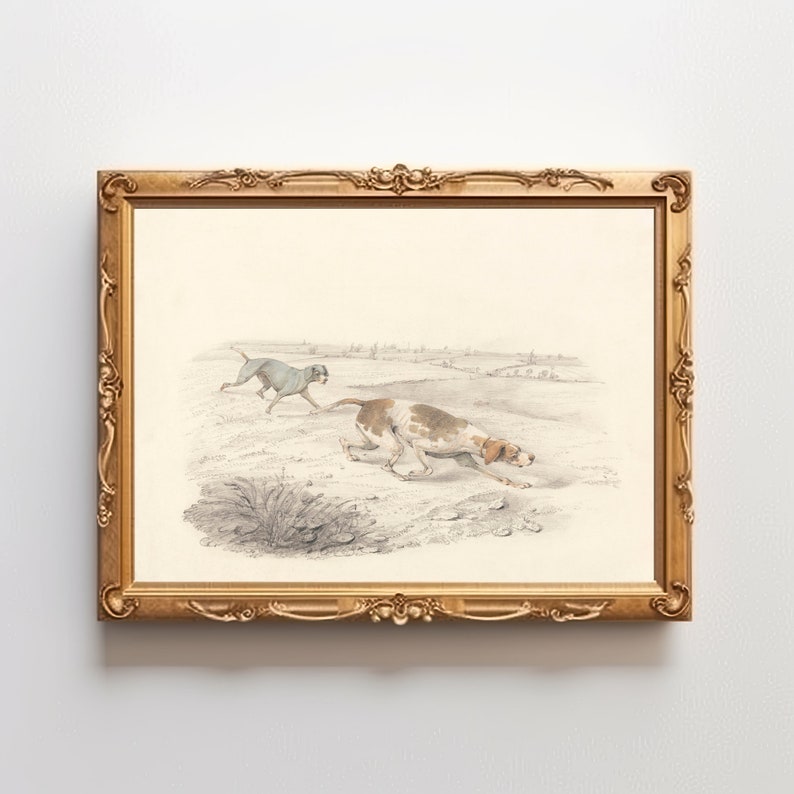 Puede incluir: Una ilustraci&oacute;n vintage enmarcada de dos perros corriendo por un campo. Los perros son un galgo y un pointer, ambos en plena carrera. La ilustraci&oacute;n es en blanco y negro con un fondo marr&oacute;n claro.