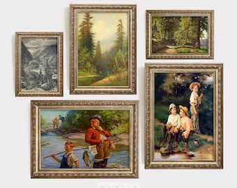 Vintage Nursery Gallery Wall Art Set 5 / Habitación del niño Estampados de pesca coloridos / Pintura al óleo antigua / Arte del siglo XIX / Alta calidad