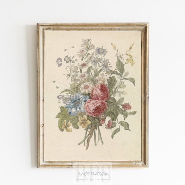 Vintage Flowers Illustration | Botanical Wall Print | Antique Wall Art | 19th Century Bouquet Painting | Nursery Wall Art | Girls Room Art