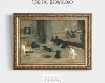 May include: A vintage painting of a group of dachshund dogs in a courtyard setting. The dogs are brown and black with white markings. The painting is framed in a gold frame.