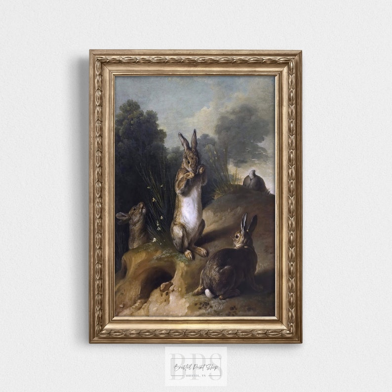 vintage 1720 painting of three rabbits hanging out near their home in the forest.  digital download