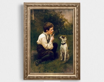 Vintage Dog Art | Boy Teaching Dog Tricks Print | Digital Home Decor | Unique Gift For Pet Lovers
