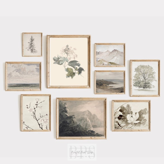 Vintage Neutral Gallery Wall | Set of 9 | Antique Printable Art | Lotus Flower | Beech Tree | Mountain Landscape | Digital Download | Green