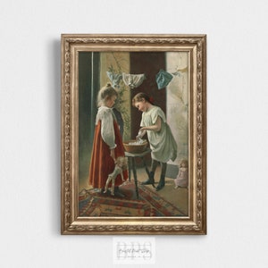 Vintage Girl Art Printable | Two Girls Playing Mothers Doing Laundry | Digital Download | Nursery Wall Art | Unique Mother&#39;s Day Gift