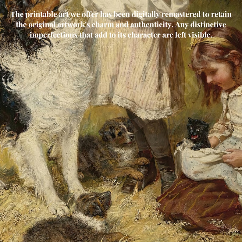 Vintage Girl and Dog Art | Sweet Moment with Kittens | Charming Childhood Scene Print | Perfect Gift for Pet Lovers | Digital Download image 3
