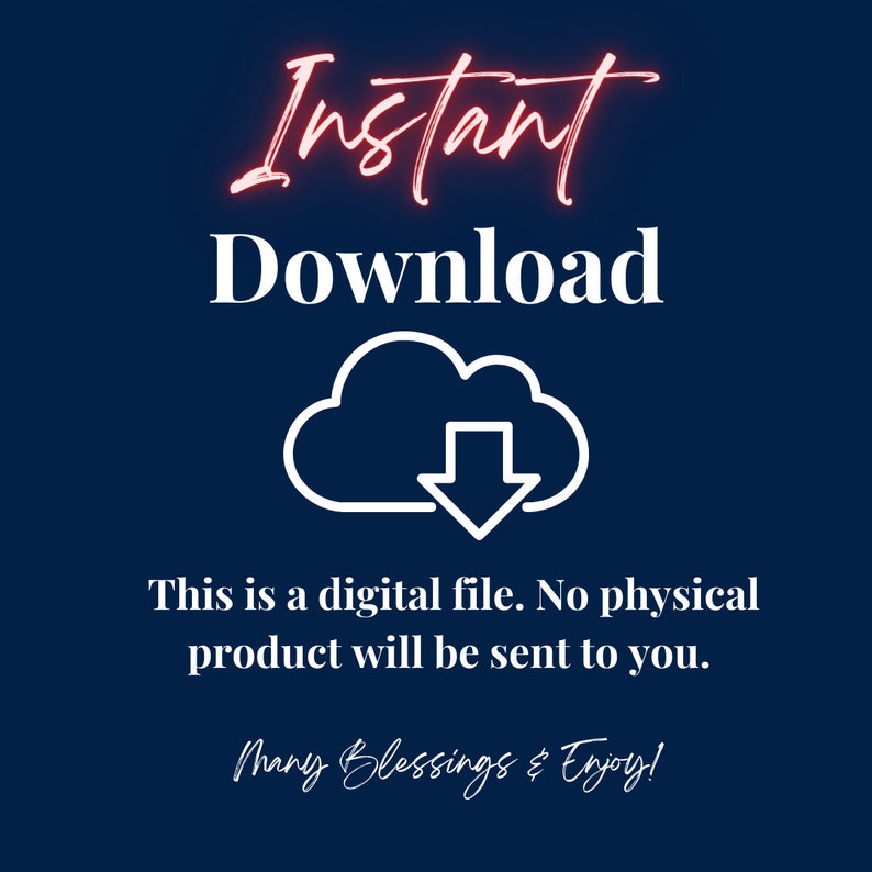 K&ouml;nnte beinhalten: Ein blauer Hintergrund mit wei&szlig;em Text, der "Sofort-Download" lautet. Unter dem Text befindet sich ein wei&szlig;es Cloud-Symbol mit einem nach unten zeigenden Pfeil. Unter dem Symbol befindet sich der Text "Dies ist eine digitale Datei. Es wird kein physisches Produkt an Sie versandt." Der Text "Viele Segensw&uuml;nsche & Viel Spa&szlig;!" befindet sich am unteren Rand des Bildes.