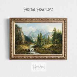 Pu&ograve; includere: Dipinto di paesaggio incorniciato con una scena di montagna con un fiume, alberi e una piccola baita. L'opera d'arte &egrave; in una cornice dorata ornata. Il testo "DIGITAL DOWNLOAD" &egrave; in alto.