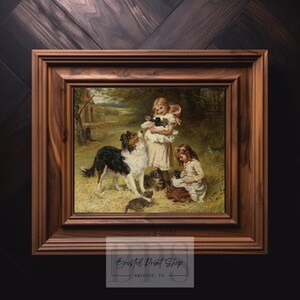 Vintage Girl and Dog Art | Sweet Moment with Kittens | Charming Childhood Scene Print | Perfect Gift for Pet Lovers | Digital Download image 4