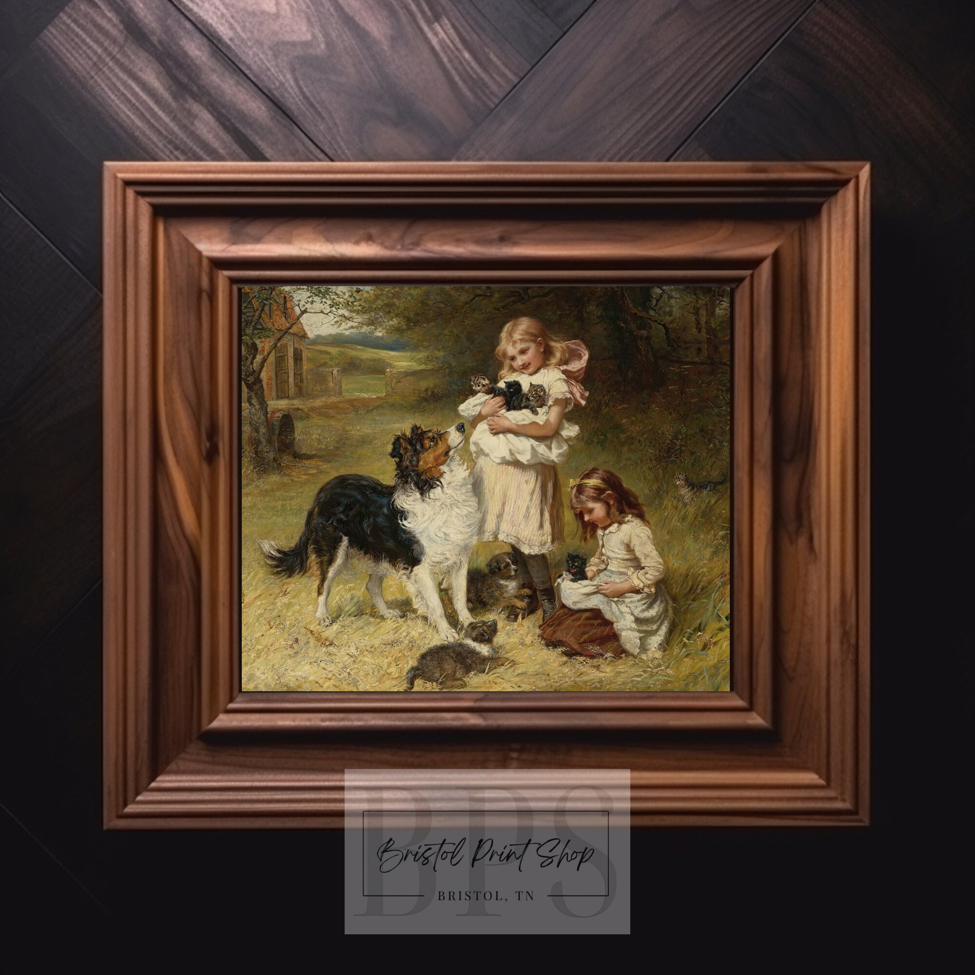 Vintage Girl and Dog Art | Sweet Moment With Kittens | Charming