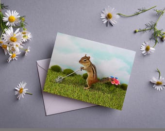 Chipmunk Mowing Lawn Notecard
